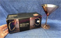 (2) New Moscow Mule cooper mugs & martini glass