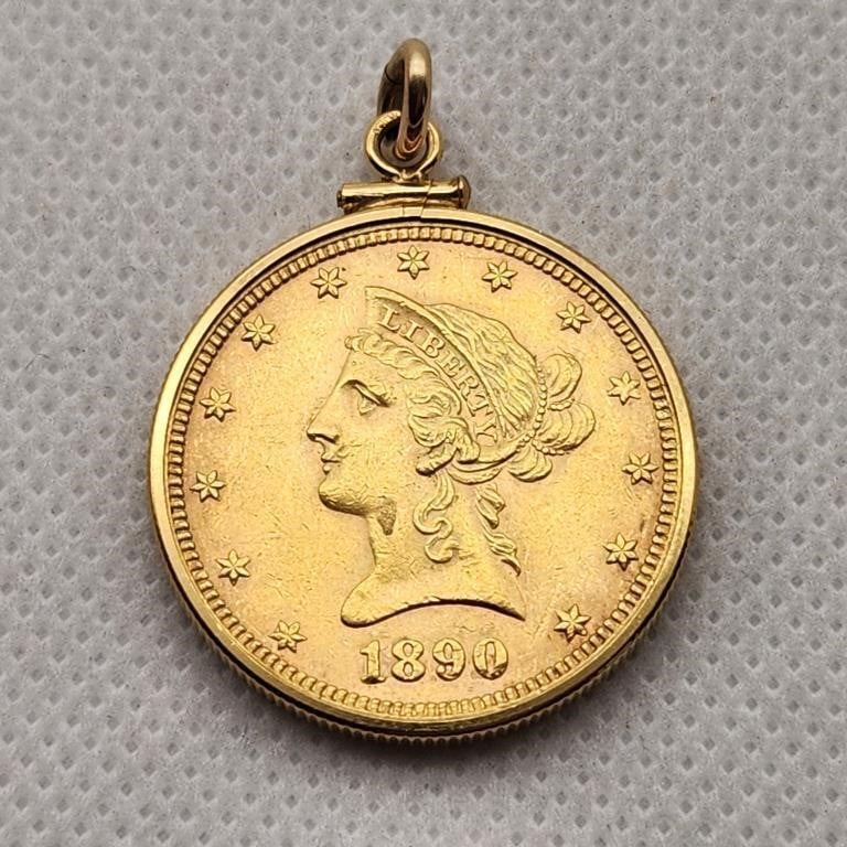 1890 $10 Gold Liberty Coin + 10K Bezel