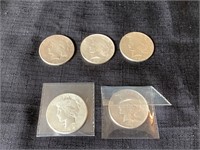 5 Early US Peace Silver Dollars