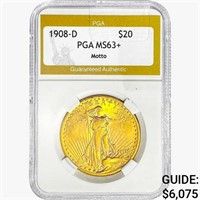 1908-D $20 Gold Double Eagle PGA MS63+ Motto