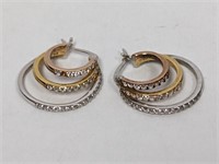 .925 Sterling Tri Color Hoop Earrings w/CZ