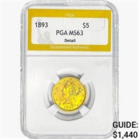 1893 $5 Gold Half Eagle PGA MS63 Detail