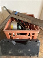 Assorted Tools and Red Milk Crate