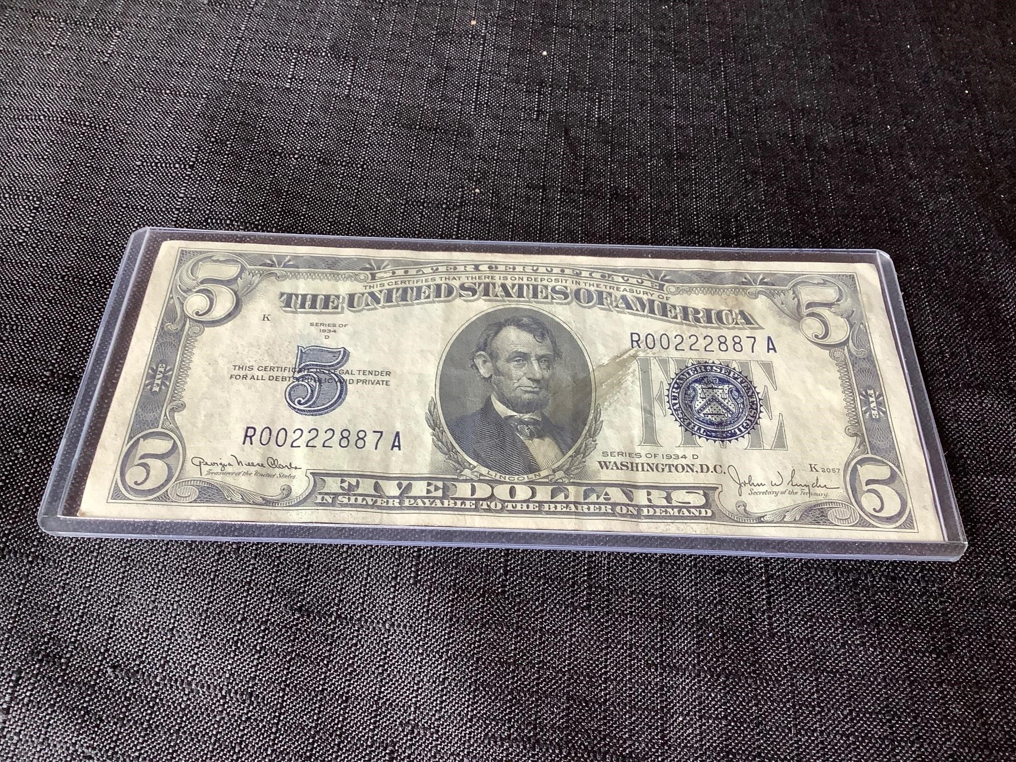 1934D  US $5 Silver Certificate Blue Seal