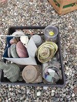 Misc tote of jars, rocks, beach glass and shells