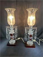 Pair Victorian Cranberry Etched Glass Hurricane Ma