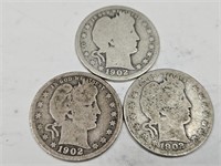 1902 Silver Barber Quarter Coins (3)