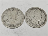 1908 O Silver Barber Quarter Coins (2)