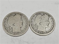 1908 D Silver Barber Quarter Coins (2)