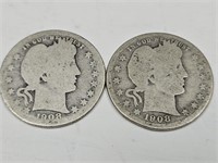 1908 O Silver Barber Quarter Coins (2)