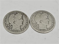 1909 D Silver Barber Quarter Coins (2)