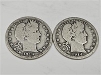 1914 Silver Barber Quarter Coins (2)