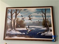 39.5 X2 75" SIGNED FRAMED DUCKS IN FLIGHT PAINTING