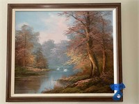 28 X 23.5" SIGNED KING MAN FALL SCENE OIL PAINTING