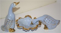 Vtg Le Pere Gilt Blue Pottery Ducks + Shell Dish