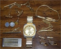 Mens Jewelry Lot: Cufflinks, Fob, Tie Bar, Money