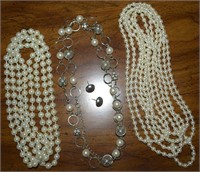 (3) Faux Pearl Necklaces + Earrings - 106" Strand