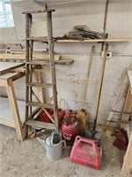 Wooden Ladder- Gas Cans- Shovel- Broom