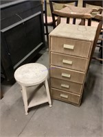 Cardboard chest of drawers and metal stool