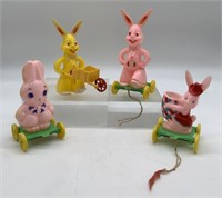 lot of 4 Rosbro Plastic Bunny on wheels/ Cart