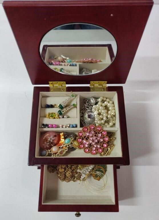 Wooden Jewelry Box w/ Vintage Jewelry