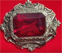 Huge Ruby Red Stone in Baroque Style Brooch