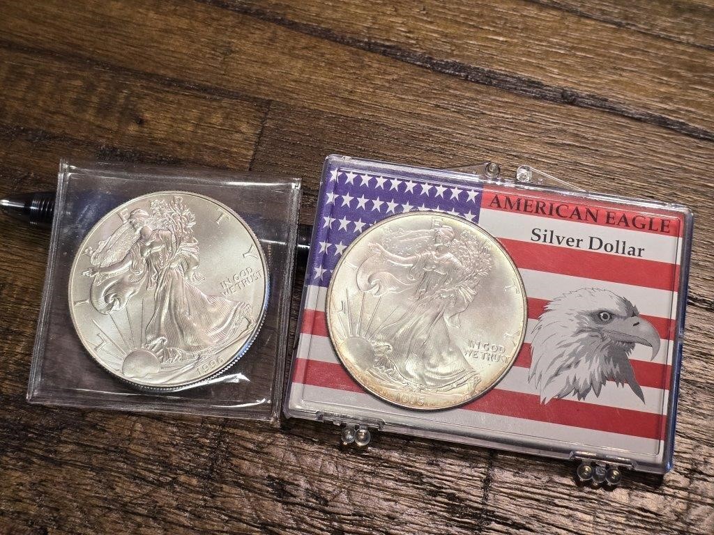 2 coins, 1995 & 1996 -1 Ounce American Silver