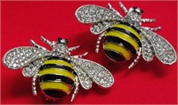 Pair of Rhinestone & Enamel Bee Pins