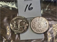 2 Coins,1- 1930 Buffalo Nickel, 1867 Shield