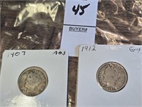 1907 & 1912 Liberty V Nickels US Coins