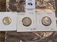 3 nickels, 1928, 1938-D, 1961 Marked Proof