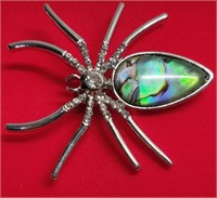 Silver Shell & Rhinestone Crystal Spider Brooch
