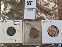 3 pennies, 1893 Indian Head, 1914-D & 1954-S