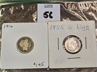 2 dimes, 1916 Barber Dime & 1955-S UNC