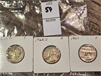 3 Quarters, (2) 1960-D, 1961