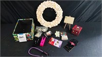 Boxlot shell wreath and misc office items