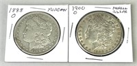 1888-O & 1900-O Morgan Silver Dollars.