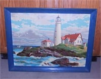 Original paint-by-number lighthouse oil painting,