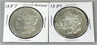 1887 & 1889 Morgan Silver Dollars.