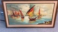 4'+ Oriental Seascape Harbor Painting on Canvas