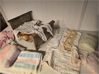 Vintage wood doll bed - wood and blankets