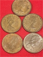 5 Canadian one cent coins 1964, 57, 81, 66, 75
