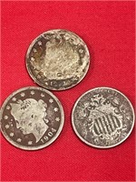 2- V Nickel 1904,1910, 1- shield Nickel 1867
