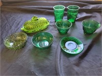 Green hobnail covered butter dish and other