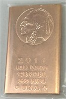 2011 .999 Fine Copper Half Pound USA Bar.