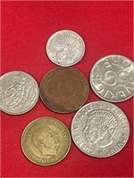 6 foreign coins - Spain, German Trinidad, Sweden,