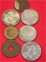 7 Foreign coins - Chinese, German, Italy, Lebanon