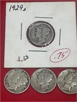 4 - Mercury dimes 1928D, 1941,1919,1944