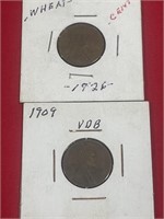 2 Lincoln wheat pennies 1909 VDB, 1926