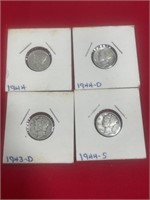 4 Mercury Dimes 1944, 44D, 43D, 44S